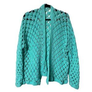 Vintage Handmade Crochet Turquoise Lacey Layering Open Front Cardigan